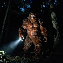 scary kodak funsaver photograph of a bigfoot at night in the forest. obscurity. darkness!!!. flash light. motion blur. dim light.