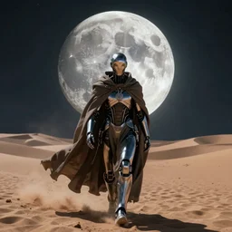 a cyborg dressed in a large cloak walking through a dangerous desert, guardian of the moon, night. close up, in the center, centered, epic, intrincate volumetric, by moebius, jean giraud & kilian eng moebius style