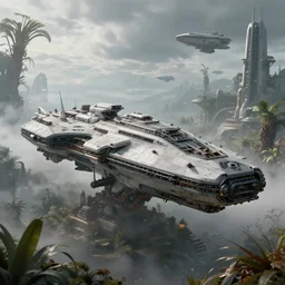 a realistic detailed photo of a futuristic ship, alien plants, grey sky, futuristic buildings, flying ships in the background, foggy landscape, light particles, detailed light, realistic shaders, trending on artisation, detailed textures, detailed, realistic.