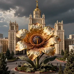 colossal Beelzebub flower in the middle of post soviet constructivist cityscape, Stalinist architecture, brutalist architecture, ultradetailed, Intricate by Josan Gonzalez and James Jean and Giuseppe Arcimboldo