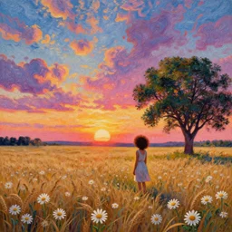 daisy flower afro, full body, girl watching sunset, empty wheat field, surreal photography, colorful clouds, tree, impressionist painting, colorful clouds, digital painting, pointillism, artstation, simon stalenhag
