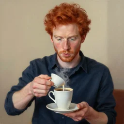 1 9 8 9 portrait of a red head man serving coffee. highly detailed masterpiece art by josan gonzalez.