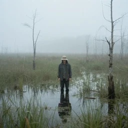 a dummy in a swamp, foggy, photography