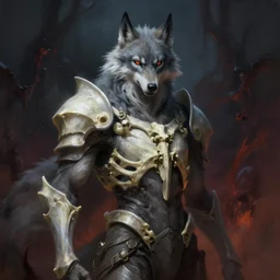 anthropomorphic wolfman wearing bone armor, digital painting, fantasy, ethereal, gothic, brooding, hellish background, character portrait by peter mohrbacher and greg rutkowski, trending on artstation