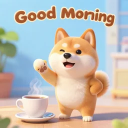 shiba inu wishing everyone good morning with a coffee, pixar, 3d, animation, rendered with Redshift, Unreal Engine 5