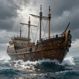 A realistic detailled photo of a giant ancient boat on the ocean, water particules, light reflections, big waves, stormy landscape, fog, light particules, detailled light, realistic shaders, trending on artisation, detailed textures, detailed, realistic