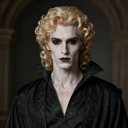 a beautiful young male vampire, pale skin, totally black eyes, black veins, blond curly hairs.Elegant ancient dress. Front view.