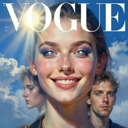 3 d, sci - fi, close - up, morning, smiling fashion model face with stars in eyes, sun, cinematic, clouds, sun rays, vogue cover style, poster art, blue mood, realistic painting, intricate oil painting, high detail illustration, figurative art, multiple exposure, poster art, by tooth wu and wlop and beeple and greg rutkowski