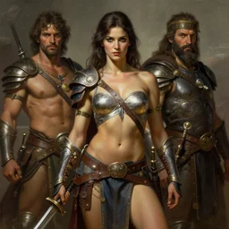 a portrait of a shapely female warrior by boris valejo and Thomas Cole and Wayne Barlowe