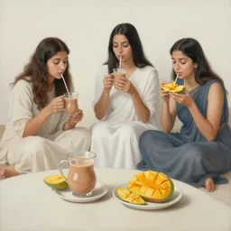 people having chai and eating mangoes, relaxing, absurdly beautiful, elegant, realistic, painting by amrita sher - gil, bright colors, global illumination, radiant light, intricate environment