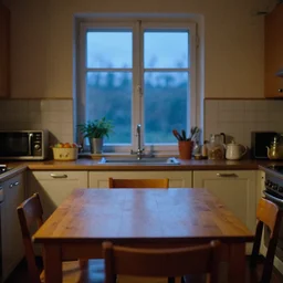 a kitchen with a window and a table in front of it, a still life by bencho obreshkov, unsplash, dau - al - set, soft light, hdr, nightscape