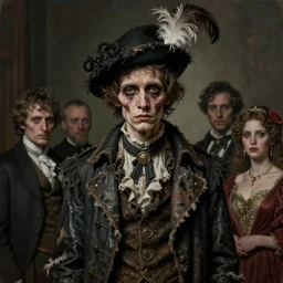 portrait painting of a scrawny man wearing tattered fancy clothes and a feather cap, mid 3 0 s. ultra realistic, concept art, intricate details, eerie, highly detailed, photorealistic, octane render, 8 k, unreal engine. art by artgerm and greg rutkowski and charlie bowater and magali villeneuve and alphonse mucha
