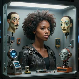 a beautiful african american woman, Blade runner artifacts, electronic case display, cyberpunk tech, ultrarealistic, futuristic, three point lighting, dramatic lighting, electrical details, high details, 4k, 8k, best, accurate, trending on artstation, artstation, photorealism, ultrarealistic, digital painting, style of Wayne Barlowe, Caravaggio, Dali, Boris Vallejo, Hajime Sorayama