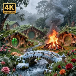 medieval hobbit village, huge bonfire, ornate, beautiful, atmosphere, vibe, mist, smoke, fire, chimney, rain, wet, pristine, puddles, waterfall, melting, dripping, snow, creek, lush, ice, bridge, stew, loaves, green, stained glass, forest, roses, flowers, color page, 4 k, contest winner
