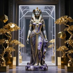 beautiful isis goddess sculpted out of amethyst by billelis + draped in ornate flowing ornamented robes + gold geometric cubed bonsai plants!!!!, doorway opening with vaporwave geometric light, clean linework, dramatic, insanely detailed, rule of thirds, moody, confident, award winning, 4 k, trending on artstation, photorealistic, volumetric lighting, octane render