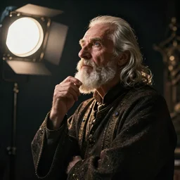 portrait of an old, medieval alchemist in the dark, he is looking into the distance thoughtfully!!. studio lighting bright ambient lighting key light, fantasy, detailed, photorealistic portrait by michael komarck, greg rutkowski, victo ngai, artgerm and j. dickenson