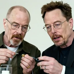 a still from breaking bad of elon musk and walter white cooking meth, 8k, close-up, detailed faces