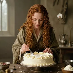 an orch from Lord of the Rings baking a cake, photo by annie leibovitz