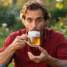 mr robert is drinking fresh tea, smoke pot and meditate in a garden from spiral mug, detailed glad face, muscular hands and arms, golden hour closeup photo, red elegant shirt, eyes wide open, ymmm and that smell
