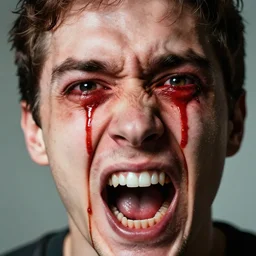 man screaming into a camera whilest blood is pouring out of his eyes, realistic, hdr, clear image, hdd, dynamic lighting,