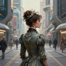 portrait of a victorian lady in a futuristic city, from behind, streets, in the year 1300, highly detailed, digital painting