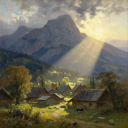 oil painting of medieval village in dawn by anders zorn, wonderful art by greg rutkowski, incredible lighting, shadows, beautiful cinematic light, american romanticism by greg manchess, tall rocky mountains and storm clouds, sun rays, sunshine, bright sunny summer day