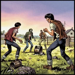 glossy old advertising poster of zombies attacking a farm, horror, drawn comic by junji ito, pastels, gradient,