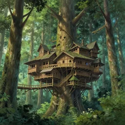 a suspended village built with wood and bridges high up a dense temperate forest with many giant tall and large trees, ultra detailed, intricate, elegant, diffuse lighting, digital painting, concept art, game art, matte painting, artstation, 8 k, greg rutkwowski, alphonse mucha, studio ghibli, wlop