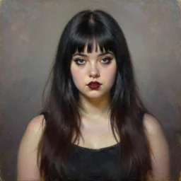 a slightly chubby cuban goth girl with long bangs, oil painting