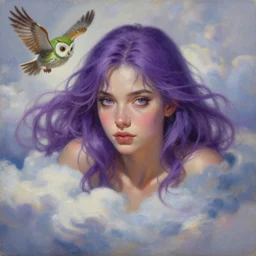 painting by krenz cushart!!, portrait of a beautiful cool girl, purple hair, floating in the clouds, a little green owl is flying around here, finely detailed features, intricate brush strokes, beautiful lighting, trending on pixiv fanbox.
