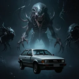 Audi 80 B3 Avant (1988) floating in the void facing Kraken, a eerie horror sci-fi, star citizen, hopeless, dramatic lighting, cinematic, off-world, space, zero gravity, eldritch horror creatures floating through space, lack of ground, dark, establishing shot, extremely high detail, photorealistic, cinematic lighting, artstation, by simon stalenhag