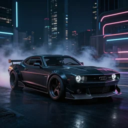 widebody all black audi camaro b 1 ( 1 9 6 9 ), need for speed : carbon, at night, sci - fi, neon lines, phonk music background, smoke behind wheels, noise, dark, establishing shot, by simon stalenhag