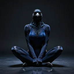 character concept portrait, symmetrical, black canary, sitting down with legs crossed, dark blue leotard costume, bust, curvaceous, medium shot. detailed, high quality, dynamic lighting, high contrast with dark background, fantasy, reflective, spotlight. digital artwork by artgerm and wlop and alex ross and greg rutkowski and alphonse mucha, trending on artstation