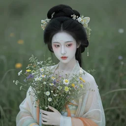 ancient chinese fairy woman, pale skin, wearing wild flowers
