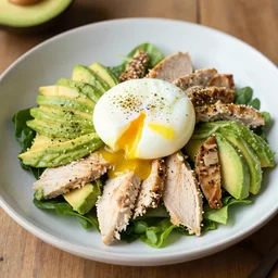 chicken salad with avocado and poached egg, food photography