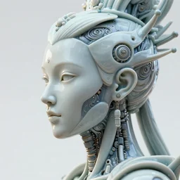 complex 3 d render, hyper detailed, ultrasharp, beautiful biomechanical cyber queen portrait with a porcelain profile face, natural soft rim light, headdress made of sponge corals, daisies, colorful mushrooms, jellyfish, puffballs, white red rhizomorphs, cyberpunk metallic brackets, ferra white mecha, alexander mcqueen, beautiful natural soft illumination, octane highly render, 4 k, ultra hd