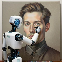 robot artist painting a self - portrait on a canvas. intricate, highly detailed, digital matte painting in the style of gil elvgren and in the style of hans thoma. irony, recursion, inspiration.