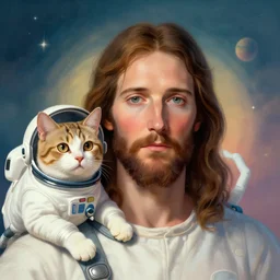head and shoulders masterpiece portrait of a jesus and his pet cat wearing a spacesuit, surreal background, digital art by Krenz Cushart, trending on artstation, cgsociety,