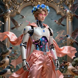 full-body cyberpunk style sculpture of  handsome young prince Maluma as a half android with a chest opening exposing circuitry and electric sparks, glowing pink eyes, crown of blue flowers,  flowing salmon-colored silk, fabric, raptors. baroque elements. full-length view. baroque element. intricate artwork by caravaggio.  many many birds birds on  background. Trending on artstation, octane render, cinematic lighting from the right, hyper realism, octane render, 8k, depth of field, 3D