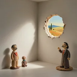 plasticine sculpture. shadows. john craxton. stop motion. salvador dali clay models. painting. room hole in wall. minimal.