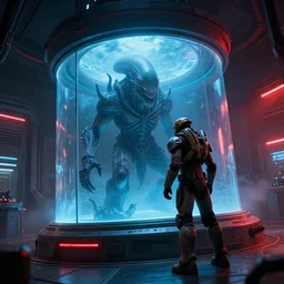 off angle view of a mass effect soldier standing near a cthulhu lovecraft alien monster trapped inside a large round transparent science fiction glass containment chamber filled with blue liquid in a furnished science fiction spaceship laboratory, dramatic lighting, octane, red led lights, lens flare, trending on artstation, mist, mass effect, volumetric lighting