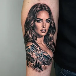amazing double exposure effect tattoo design sketch of megan fox with beautiful mountains, realism tattoo, in the style of andrey lukovnikov, amazing detail, sharp