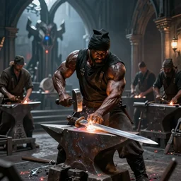 a muscular dwarf blacksmith in blacksmith clothes swinging hammer down forging a sword on an anvil by archvillain, titanforge, blizzard, hearthstone, greg rutkowski, jeff easley, mtg, wotc