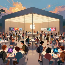 A crowd of people shopping iPhones iPads and Macbooks and buying products in the interior of a large Apple Store, in the style of a Where\'s Waldo image by Martin Handford, cartoon, ultra-wide shot