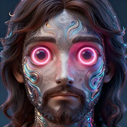 portrait of jesus with neon cute giant eyes, intricate abstract. intricate artwork, by tooth wu, wlop, beeple, dan mumford. concept art, octane render, trending on artstation, greg rutkowski very coherent symmetrical artwork. cinematic, key art, hyper realism, high detail, octane render, 8 k, iridescent accents