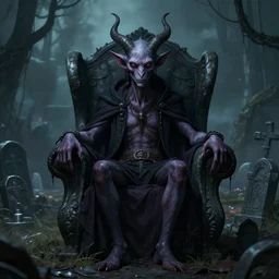 portrait of a daemon sitting in a monster graveyard chair