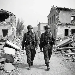 black and white photograph of two soldiers walking through the rubble of a destroyed town as they look foward.
