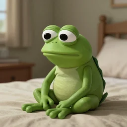 Realistic pepe the frog alone and sad in his bedroom