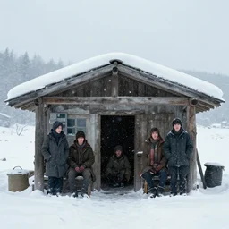 a group of people is stuck in a hut while outside there’s a strong snowstorm, cinematic, movie still, film, movie, 35mm, award winning photography