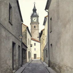 a drawing of a narrow alley with a clock tower in the background, a gouache by peter brook, featured on deviantart, modern european ink painting, matte drawing, matte painting, watercolor